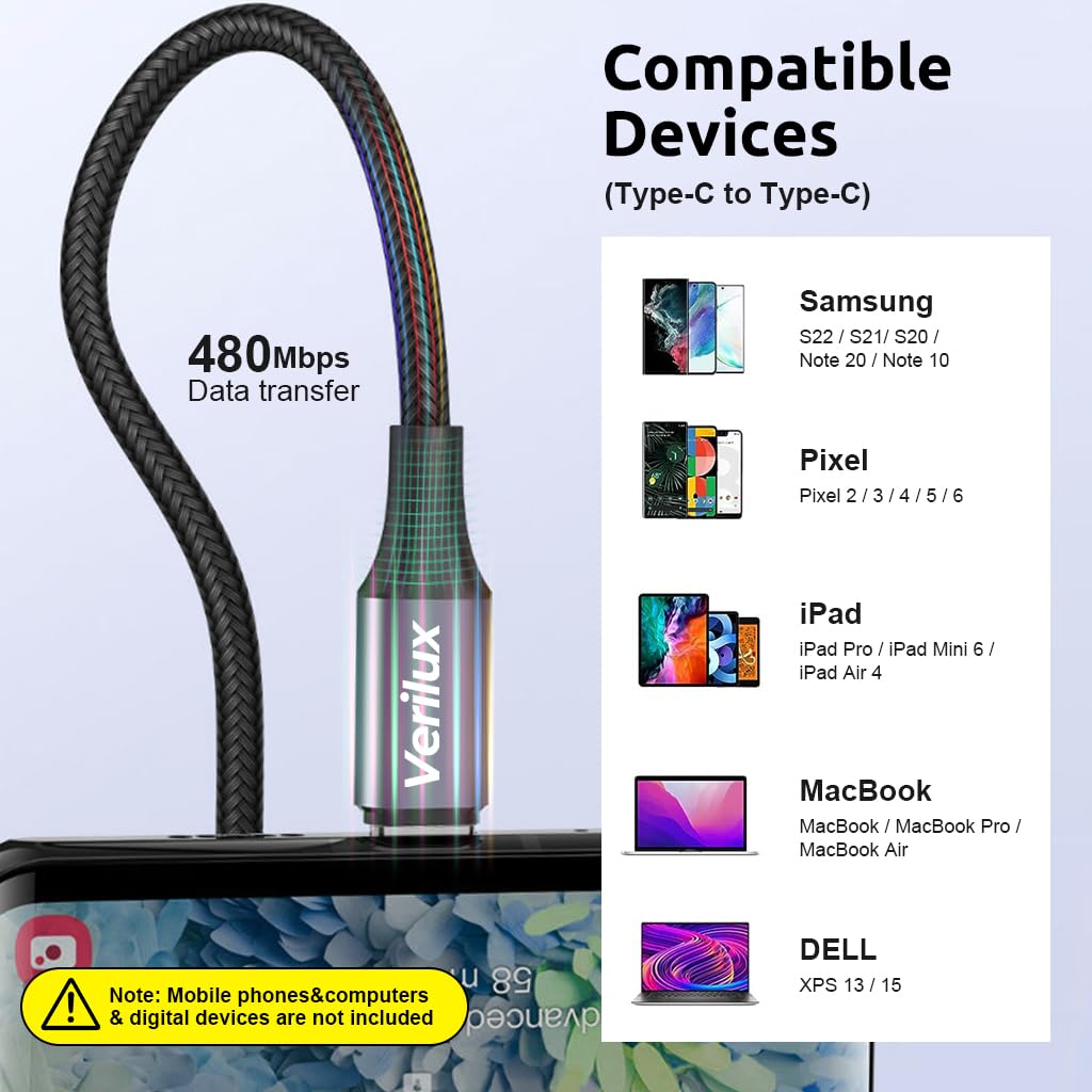 Verilux Type C to Type C Cable, 16.4Ft PD 60W Fast Charging USB C Cable, 480Mbps Data Transfer Cable Nylon Braided C to C Type Cable for MacBook Pro 2020, iPad Pro 2020, iPad Air 4, Samsung S23 Verilux Type C to Type C Cable, 16.4Ft PD 60W Fast Charging USB C Cable, 480Mbps Data Transfer Cable Nylon Braided C to C Type Cable for MacBook Pro 2020, iPad Pro 2020, iPad Air 4, Samsung S23